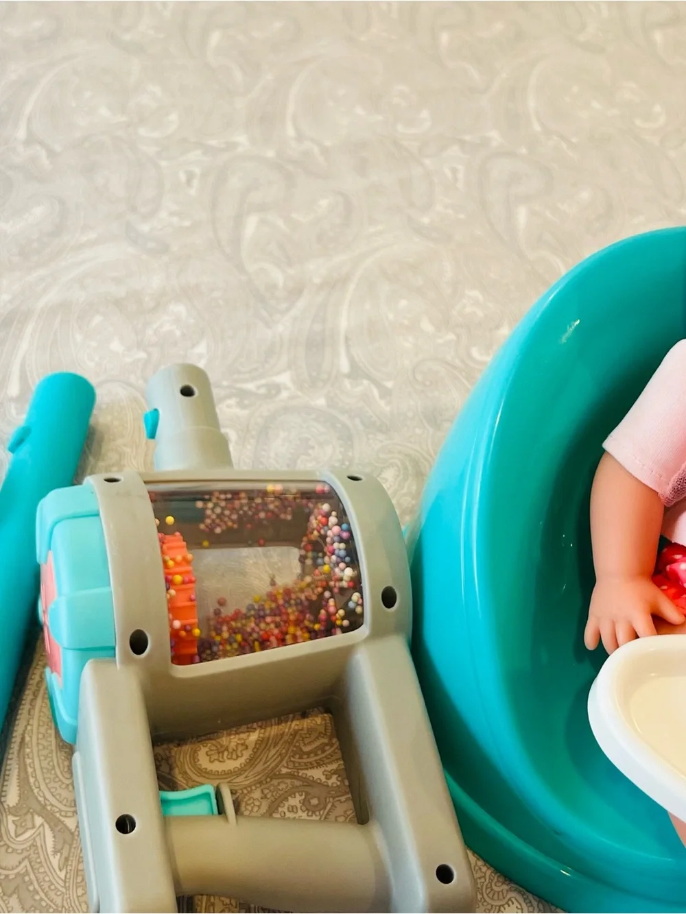 Baby Doll with Bright Pink Silicone Bib and Teal Seat & doll vacuum furniture